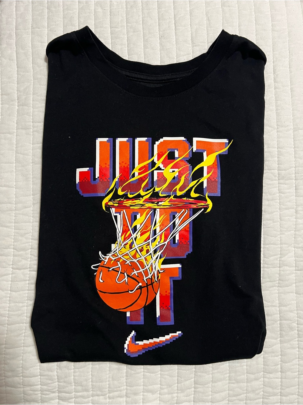 Nike Black Short Sleeve T-Shirt with Flaming Basketball and 'Just Do It' Graphic